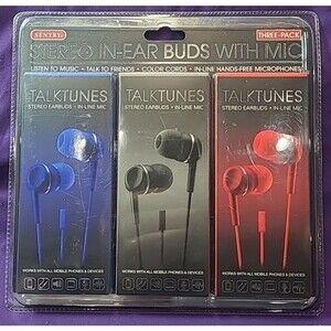 Sentry 3 Pack Flat-Cord Tangle Free Earbuds W/Mic - Red Gray Blue - HM115PK New